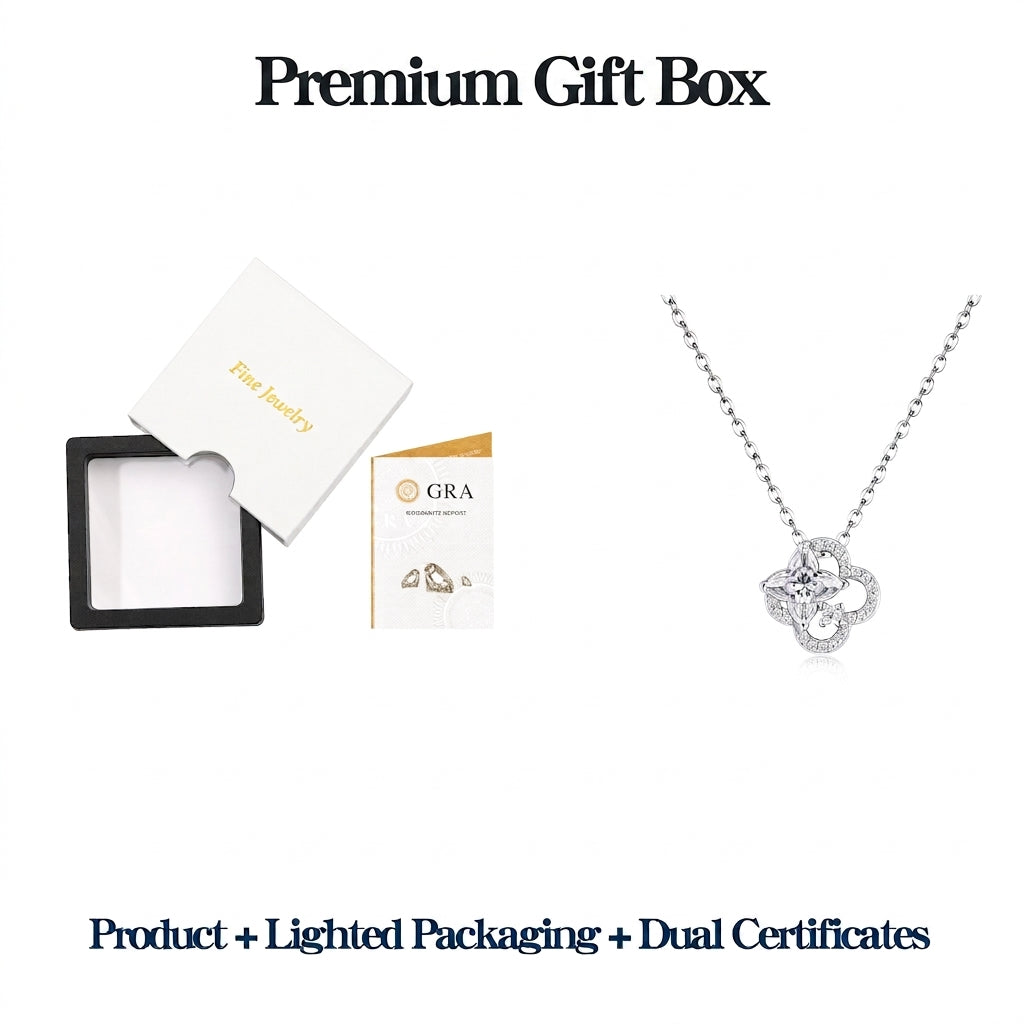 Premium lighted presentation box and dual authenticity certificates for celestial star cut moissanite clover necklace.