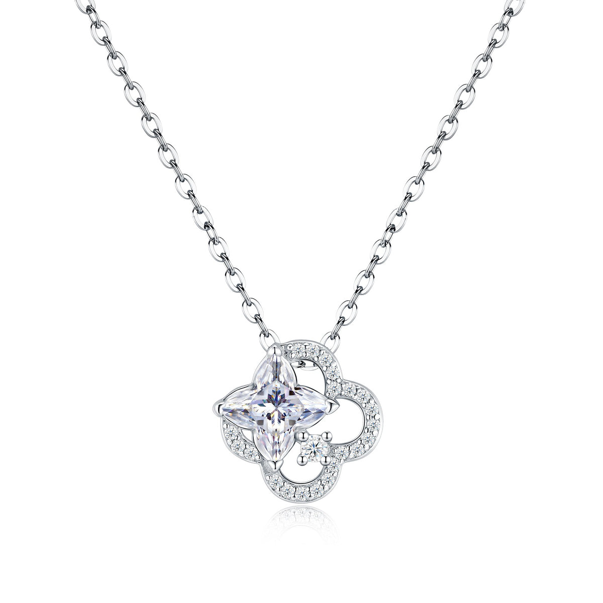 Celestial star cut moissanite openwork clover pendant necklace in 925 sterling silver.