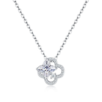 Celestial star cut moissanite openwork clover pendant necklace in 925 sterling silver.