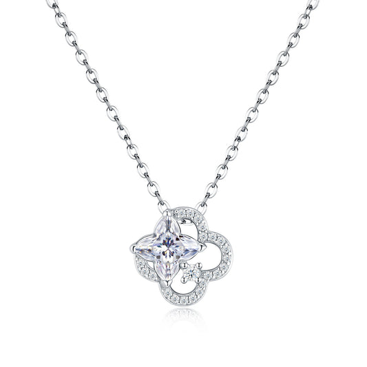 Celestial star cut moissanite openwork clover pendant necklace in 925 sterling silver.