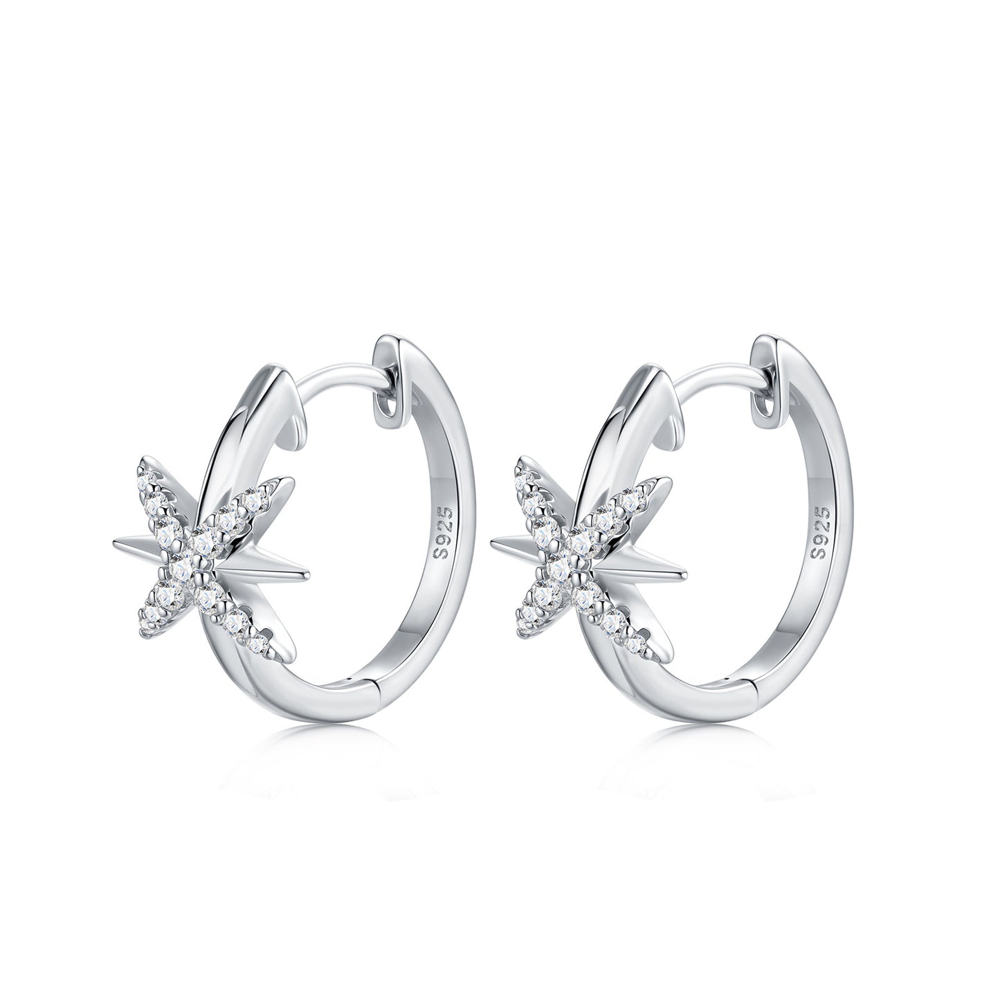 Side profile showing hinged clicker closure on celestial north star moissanite hoop earrings.