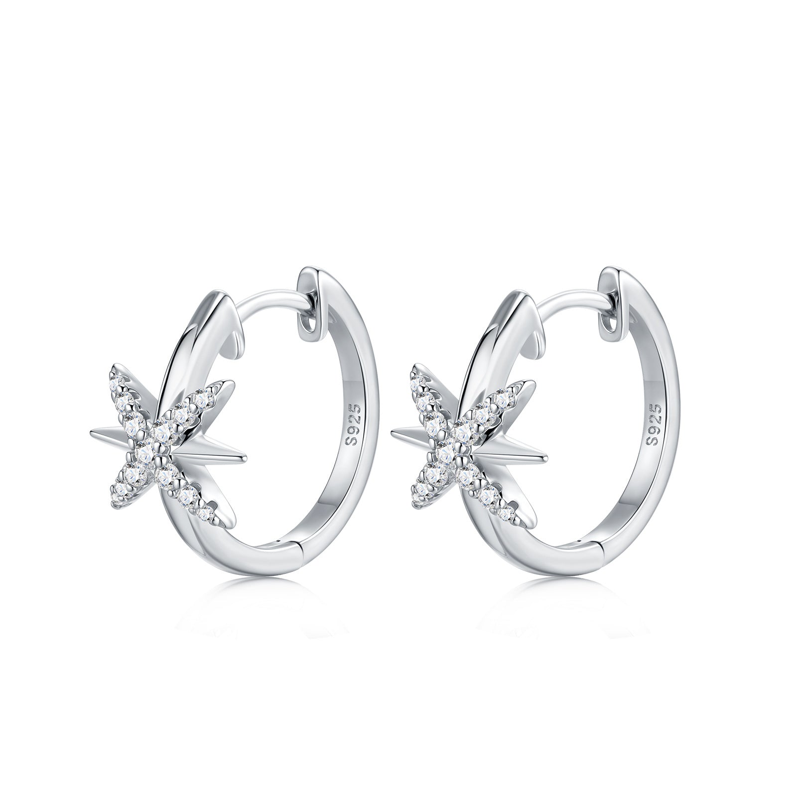Side profile showing hinged clicker closure on celestial north star moissanite hoop earrings.