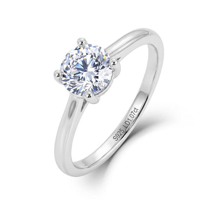 Classic 1.07ct round brilliant lab diamond solitaire engagement ring in 925 sterling silver showing S925 LD1.07ct stamp.