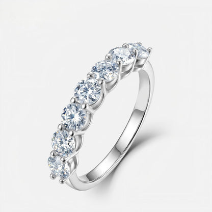 Classic 7 stone round lab grown diamond ring in sterling silver isolated on white background