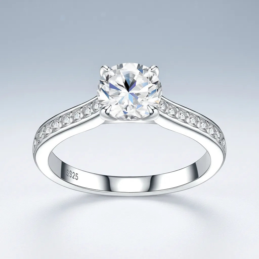Symmetrical frontal studio view of a classic d vvs1 moissanite solitaire ring highlighting the elegant architectural arch and pave shank.