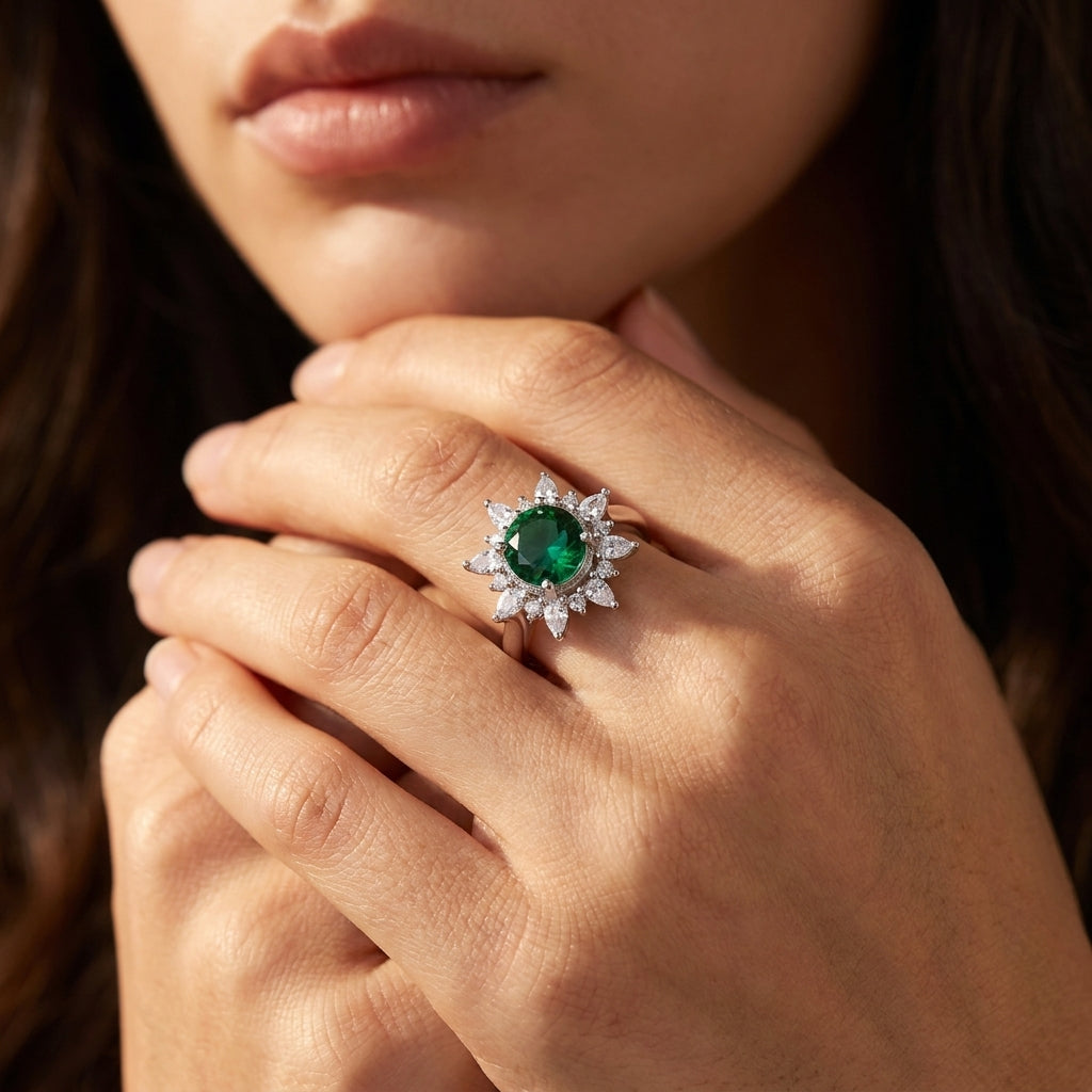 Close-up of a hand wearing an emerald and diamond ring.