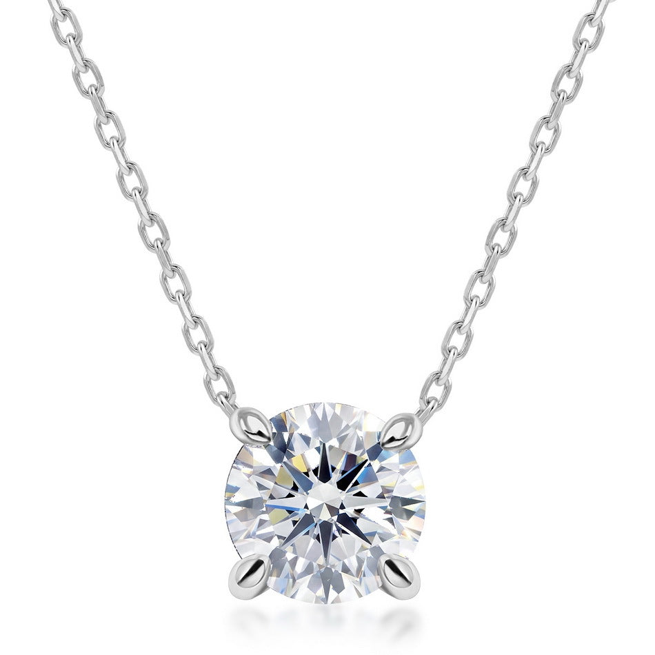 Classic four-prong round lab grown diamond solitaire pendant necklace in 925 silver.