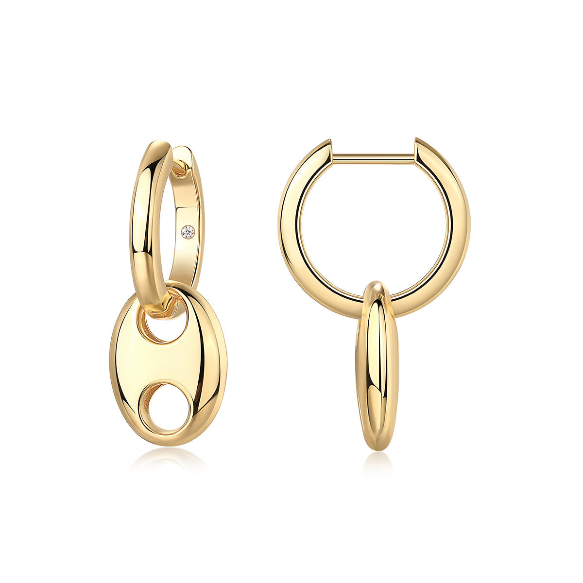 Classic gold anchor link dangle hoop earrings, front and side profile view on white background.