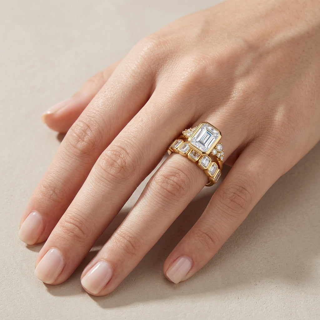 High-end fashion lookbook view of a model elegantly wearing a gold bezel set emerald cut moissanite bridal ring set on her hand.