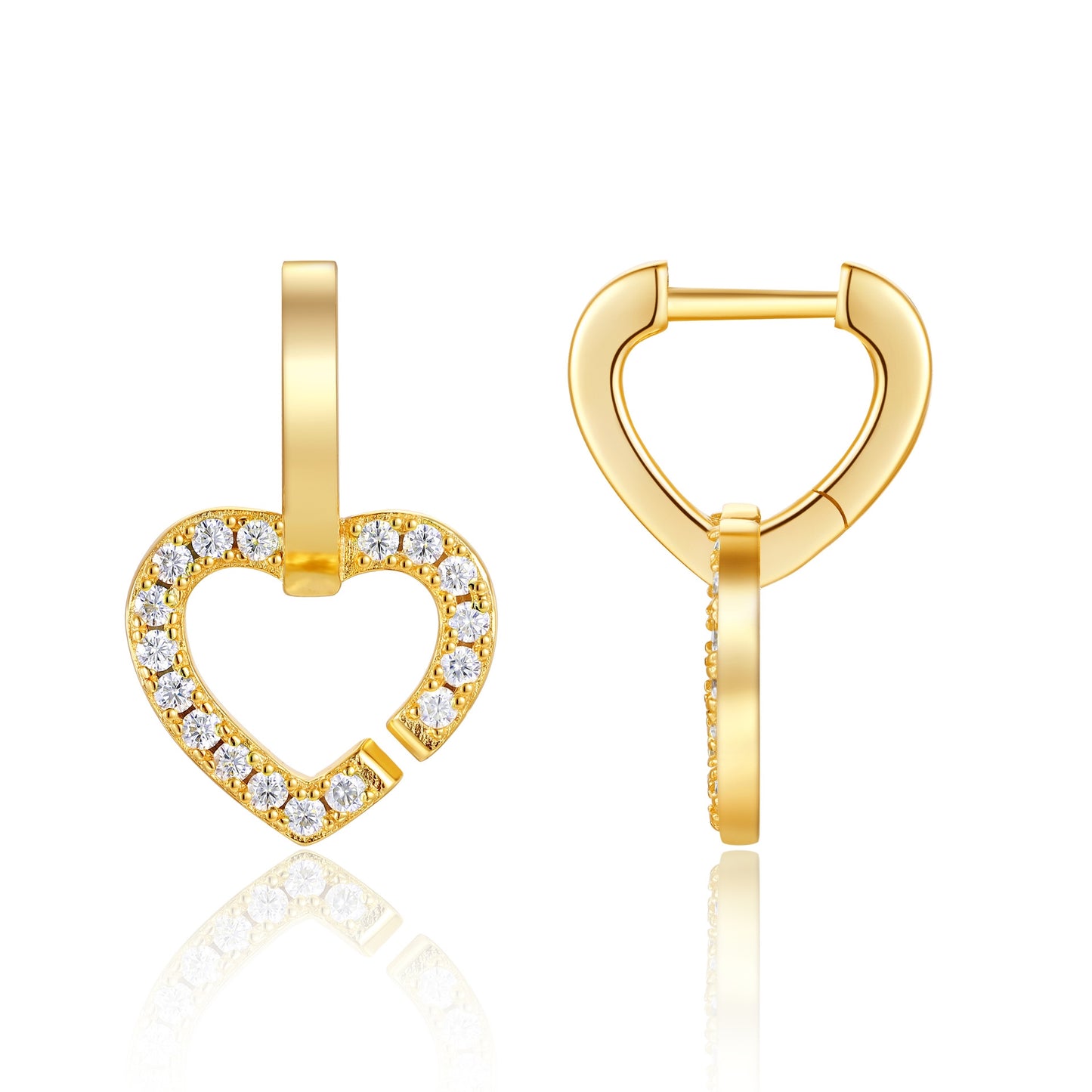 Classic gold double heart moissanite dangle huggie hoop earrings, front and profile view on white background.
