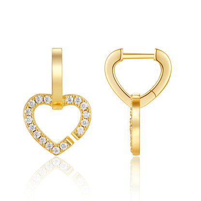 Classic gold double heart moissanite dangle huggie hoop earrings, front and profile view on white background.