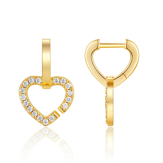 Classic gold double heart moissanite dangle huggie hoop earrings, front and profile view on white background.