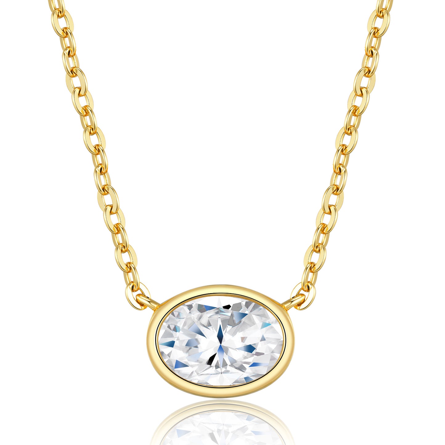 Classic gold east-west oval bezel necklace in 925 sterling silver, featuring a mirror-polish finish