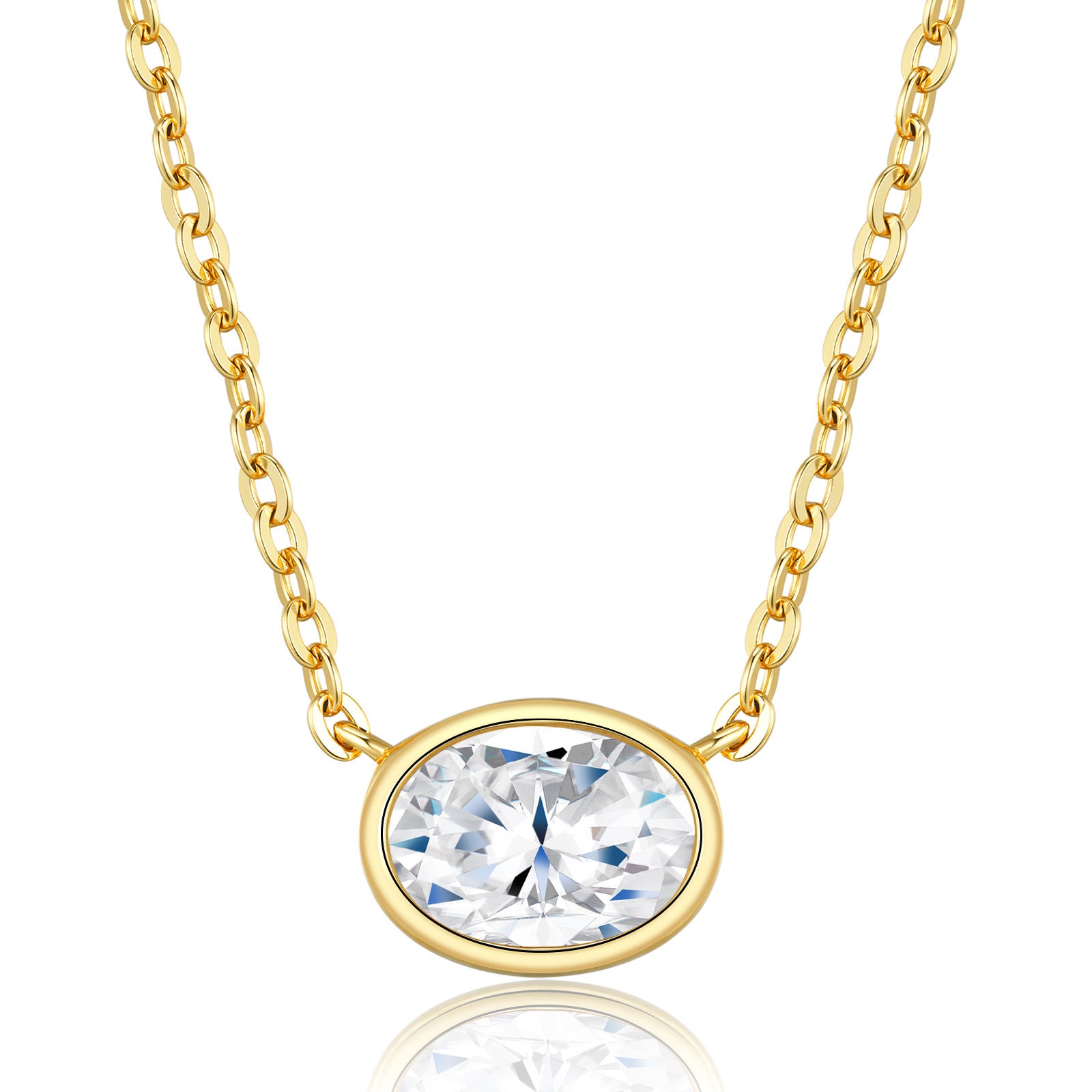 Classic gold east-west oval bezel necklace in 925 sterling silver, featuring a mirror-polish finish