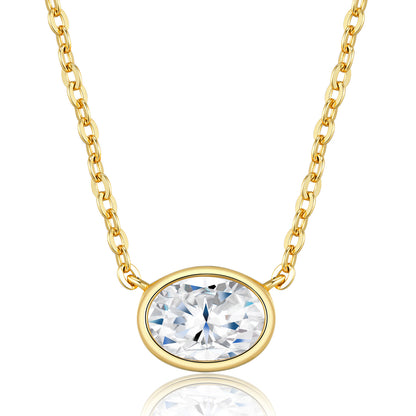 Classic gold east-west oval bezel necklace in 925 sterling silver, featuring a mirror-polish finish