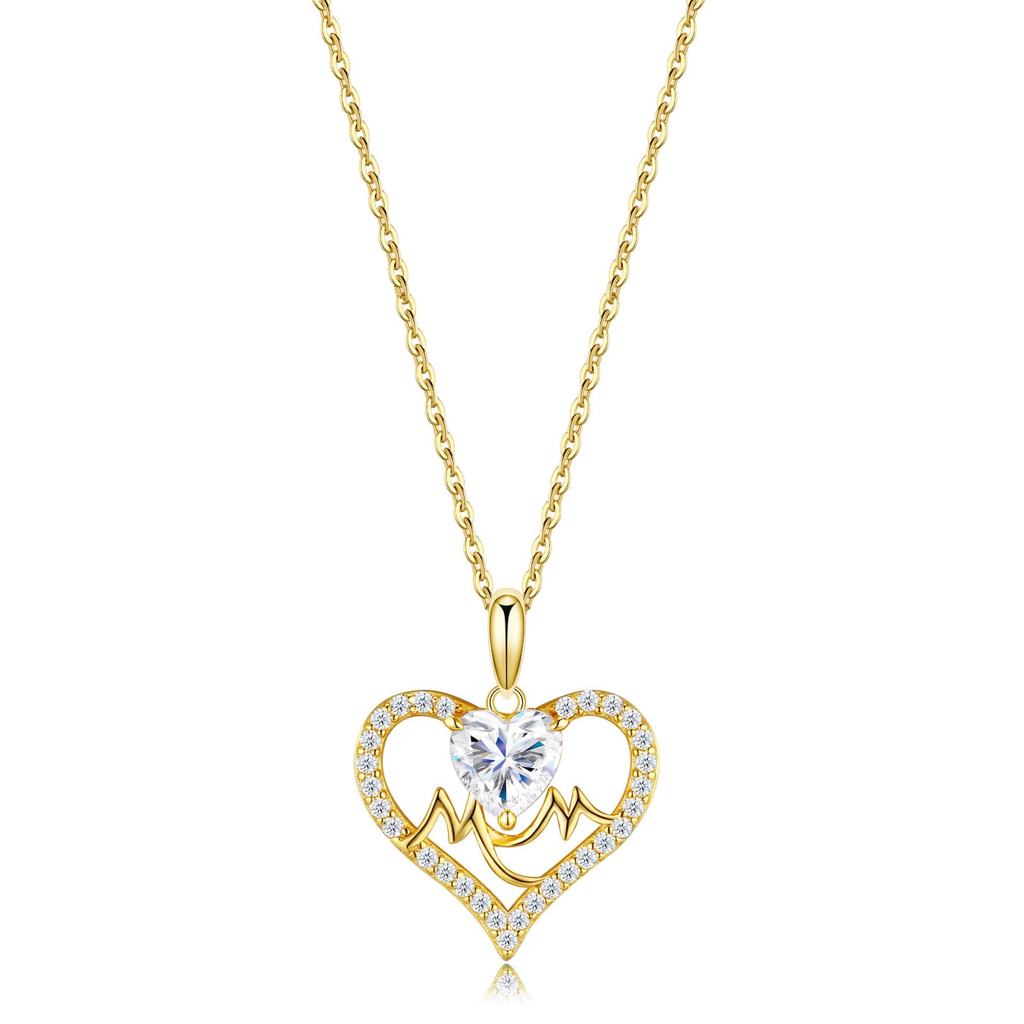 Classic gold MOM heart cut moissanite pendant necklace with pavé heart frame in 925 sterling silver.