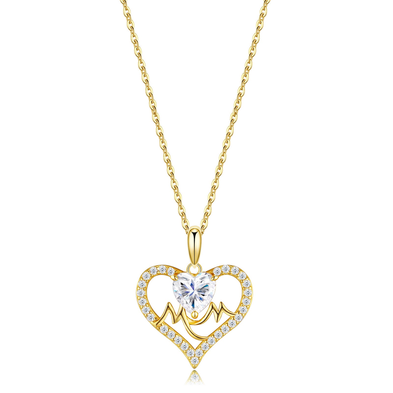 Classic gold MOM heart cut moissanite pendant necklace with pavé heart frame in 925 sterling silver.