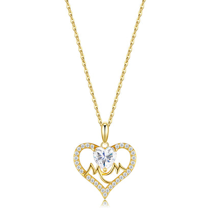 Classic gold MOM heart cut moissanite pendant necklace with pavé heart frame in 925 sterling silver.