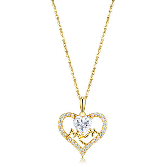 Classic gold MOM heart cut moissanite pendant necklace with pavé heart frame in 925 sterling silver.