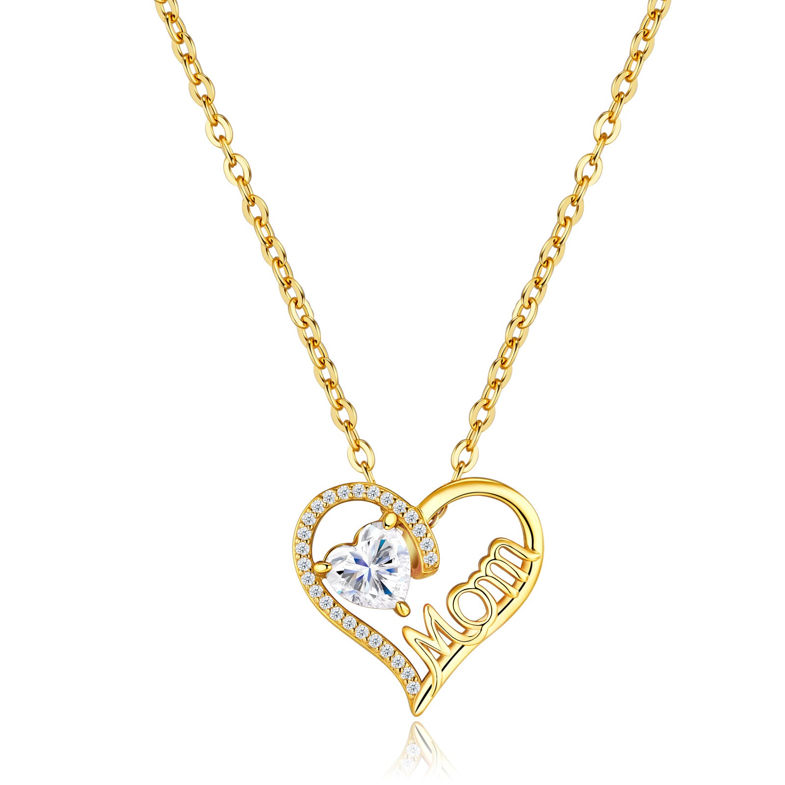 Classic gold MOM heart gemstone pendant necklace with pavé heart frame in 925 sterling silver.