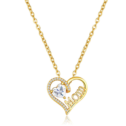 Classic gold MOM heart gemstone pendant necklace with pavé heart frame in 925 sterling silver.
