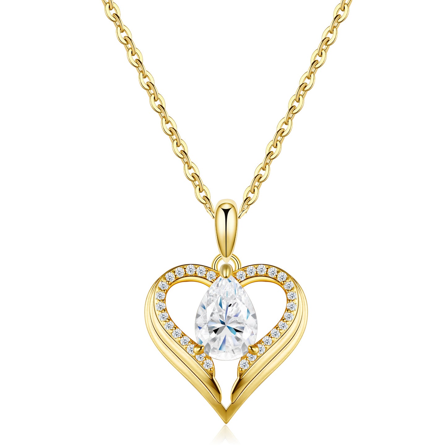 Classic gold-plated pear moissanite open heart necklace in 925 sterling silver, mirror-polish finish