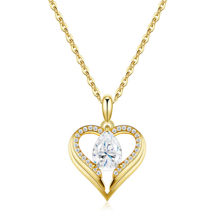 Classic gold-plated pear moissanite open heart necklace in 925 sterling silver, mirror-polish finish