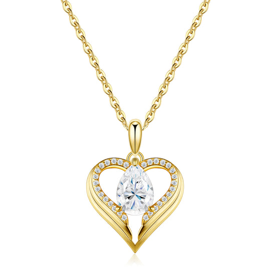 Classic gold-plated pear moissanite open heart necklace in 925 sterling silver, mirror-polish finish