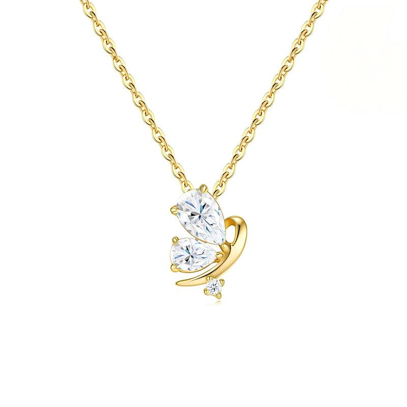 Classic gold teardrop butterfly moissanite pendant necklace with cable chain on white background.