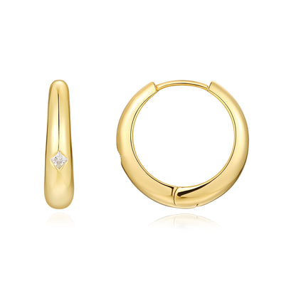 Classic gold thick chunky moissanite huggie hoop earrings, front and profile view on white background.