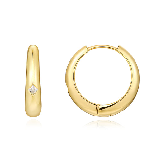 Classic gold thick chunky moissanite huggie hoop earrings, front and profile view on white background.