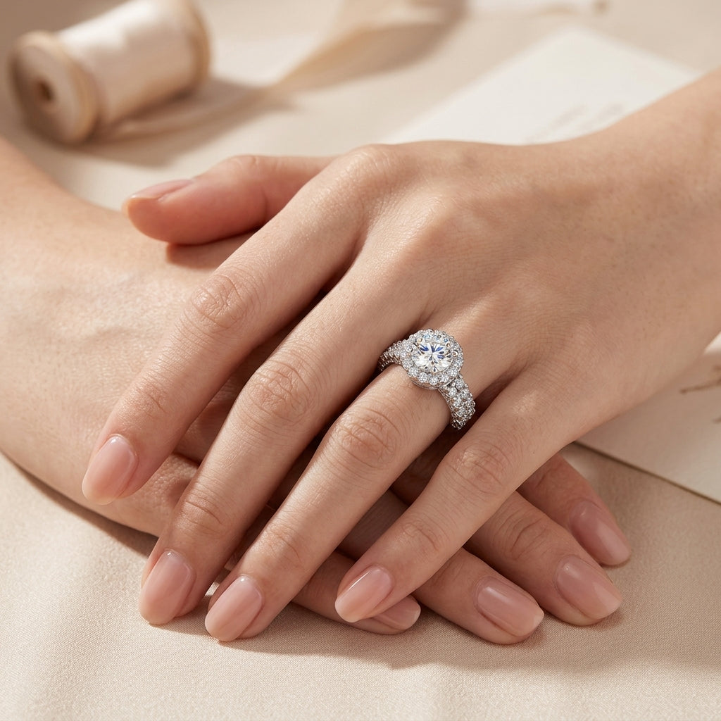 High-end fashion lookbook view of a model's hands gracefully displaying a luxury round moissanite halo wedding ring.