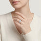 Editorial fashion lookbook portrait of a model showcasing a classic old money cushion moissanite three stone engagement ring.