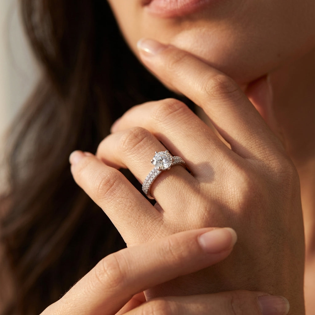 High-end fashion lookbook view of a model showcasing a classic old money six-prong moissanite engagement statement ring near her chin.