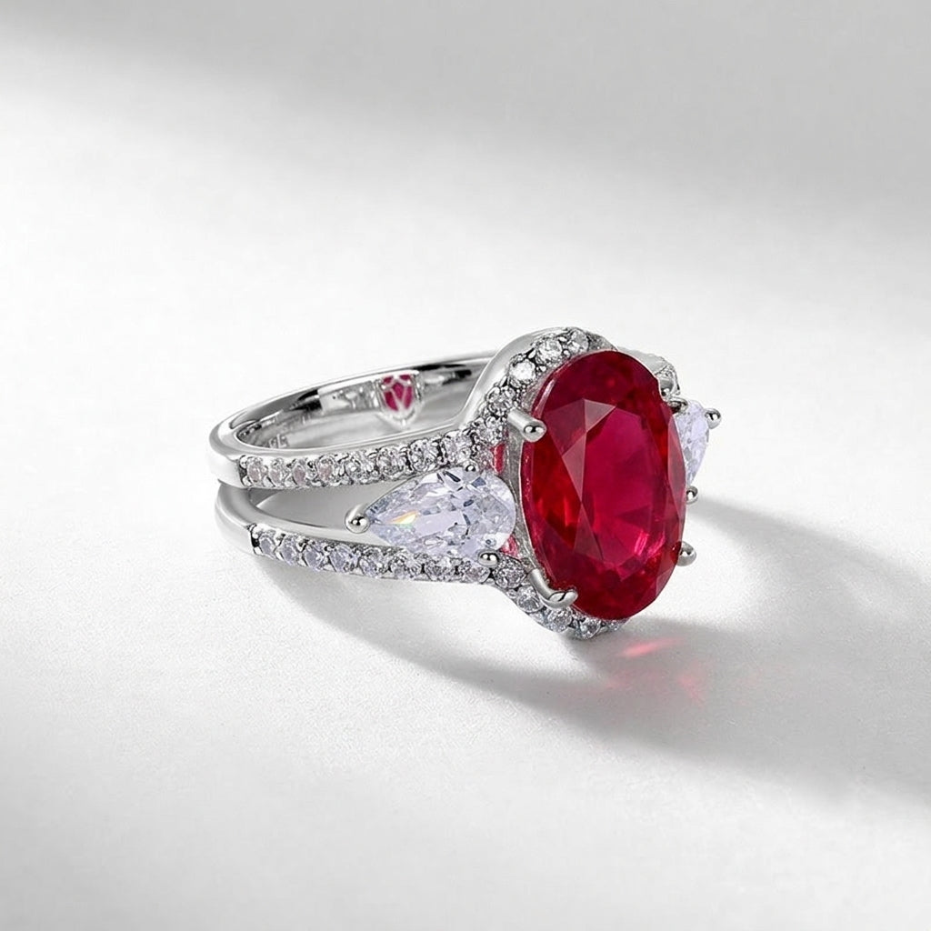 Three-quarter studio product view of a classic oval-cut ruby halo ring casting a crisp gradient shadow.