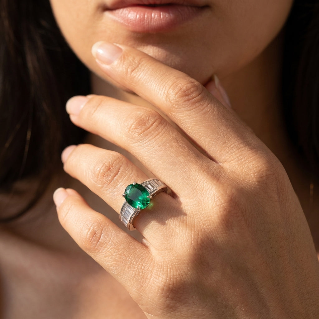 Close-up of a model wearing a classic lab-grown oval-cut emerald statement ring on her finger.