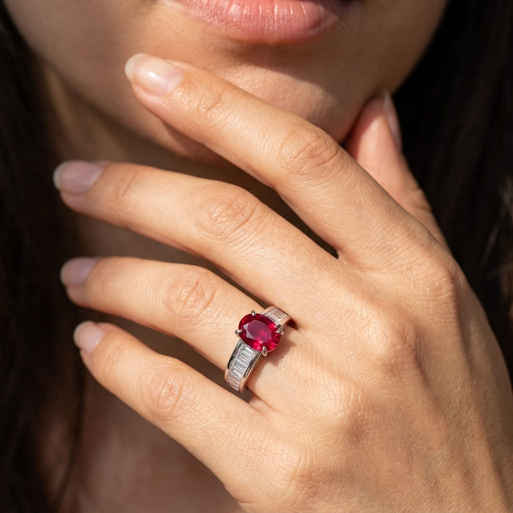 Close-up of a hand wearing a ring with a red gemstone.