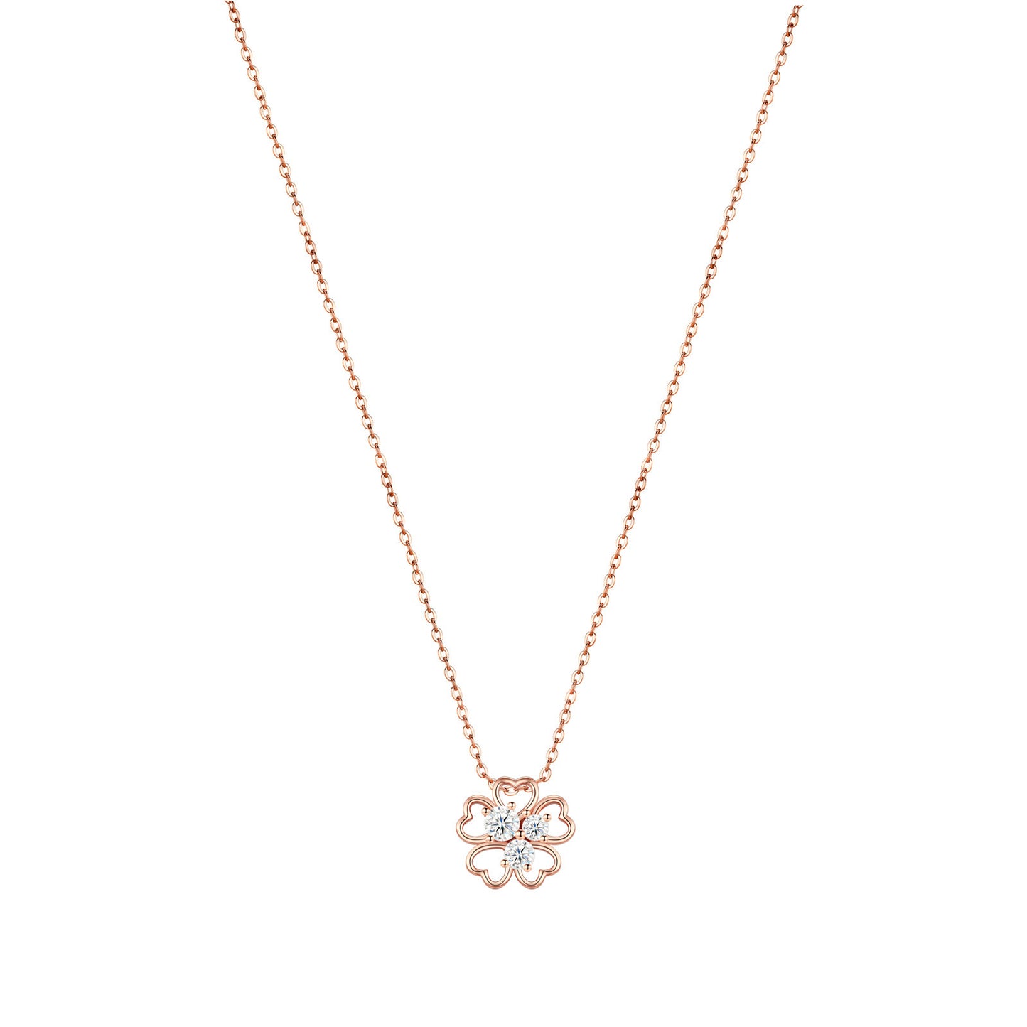 Classic rose gold openwork four-leaf clover moissanite pendant necklace on white background.