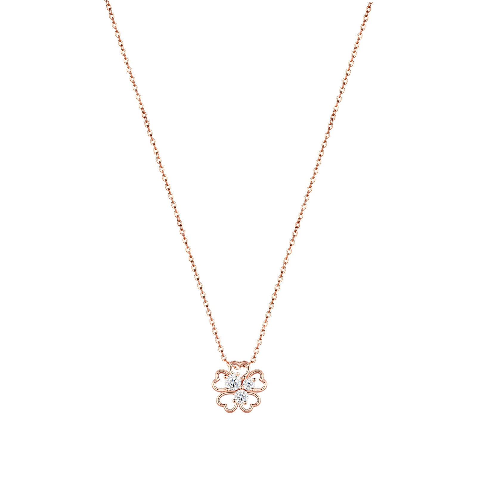 Classic rose gold openwork four-leaf clover moissanite pendant necklace on white background.