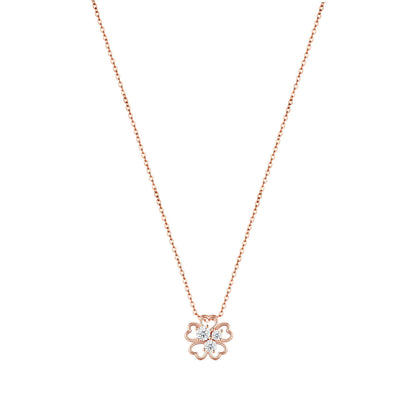 Classic rose gold openwork four-leaf clover moissanite pendant necklace on white background.