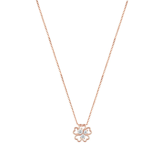 Classic rose gold openwork four-leaf clover moissanite pendant necklace on white background.