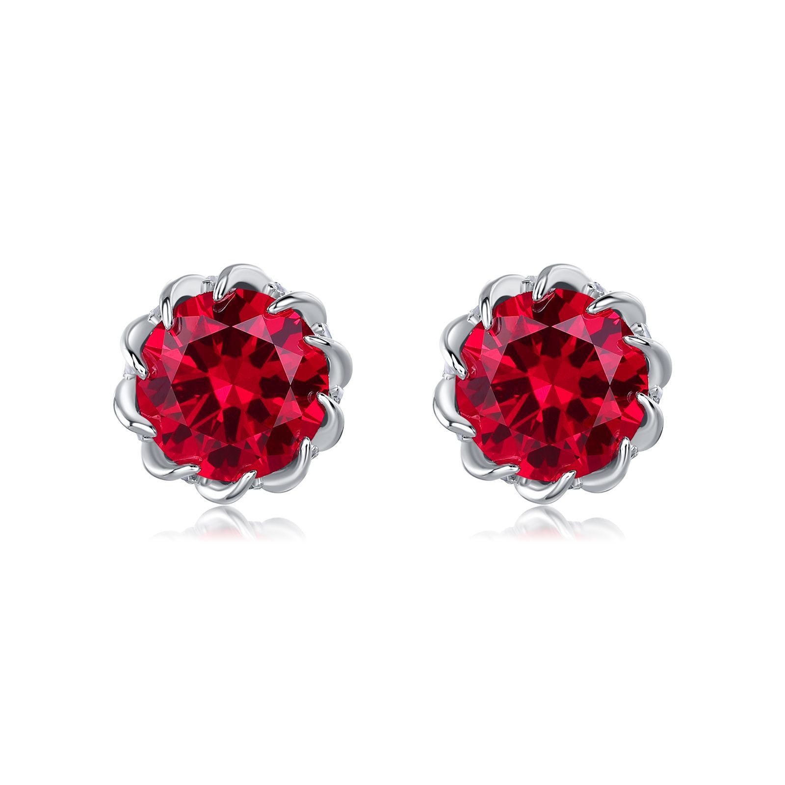 Classic round-cut created ruby stud earrings in 925 sterling silver flower setting, studio shot.