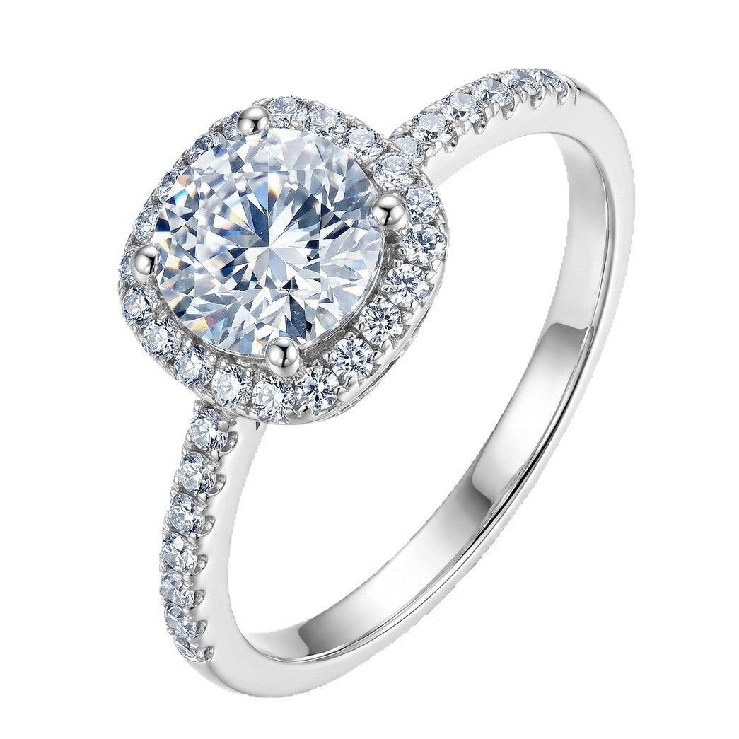 Classic round cut cushion halo lab grown diamond engagement ring in sterling silver isolated on white background