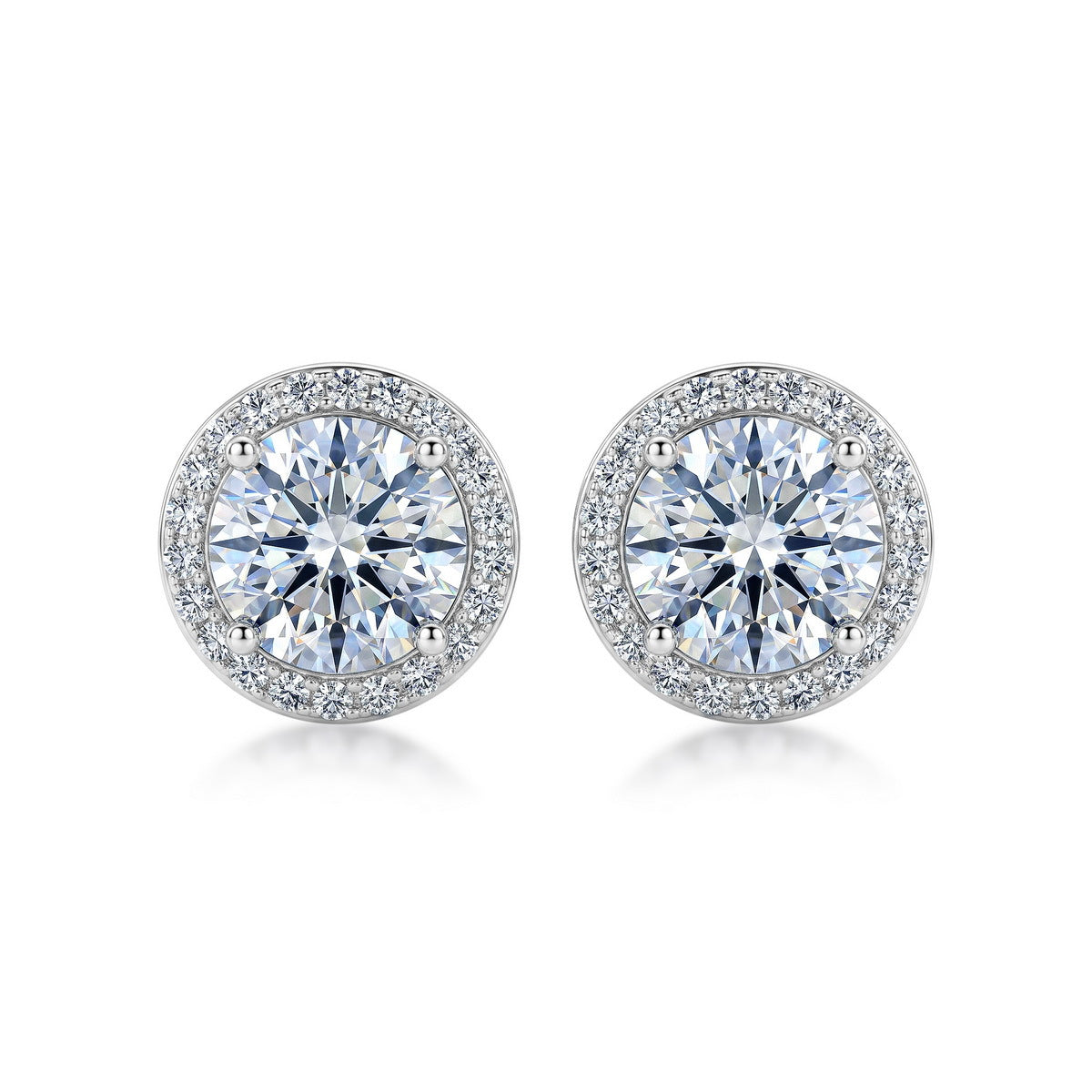 Classic round cut halo lab grown diamond stud earrings in sterling silver isolated on white background
