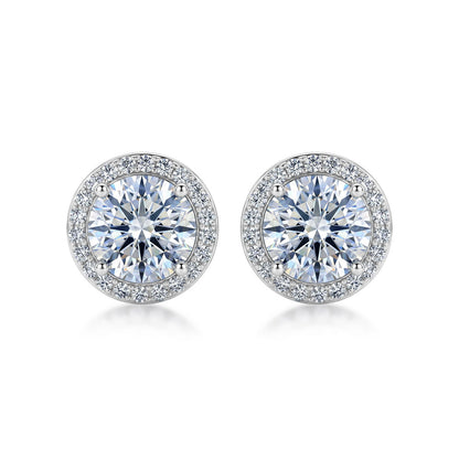 Classic round cut halo lab grown diamond stud earrings in sterling silver isolated on white background