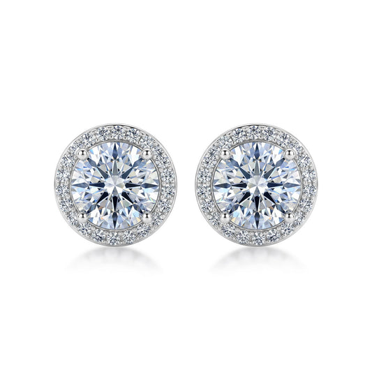 Classic round cut halo lab grown diamond stud earrings in sterling silver isolated on white background