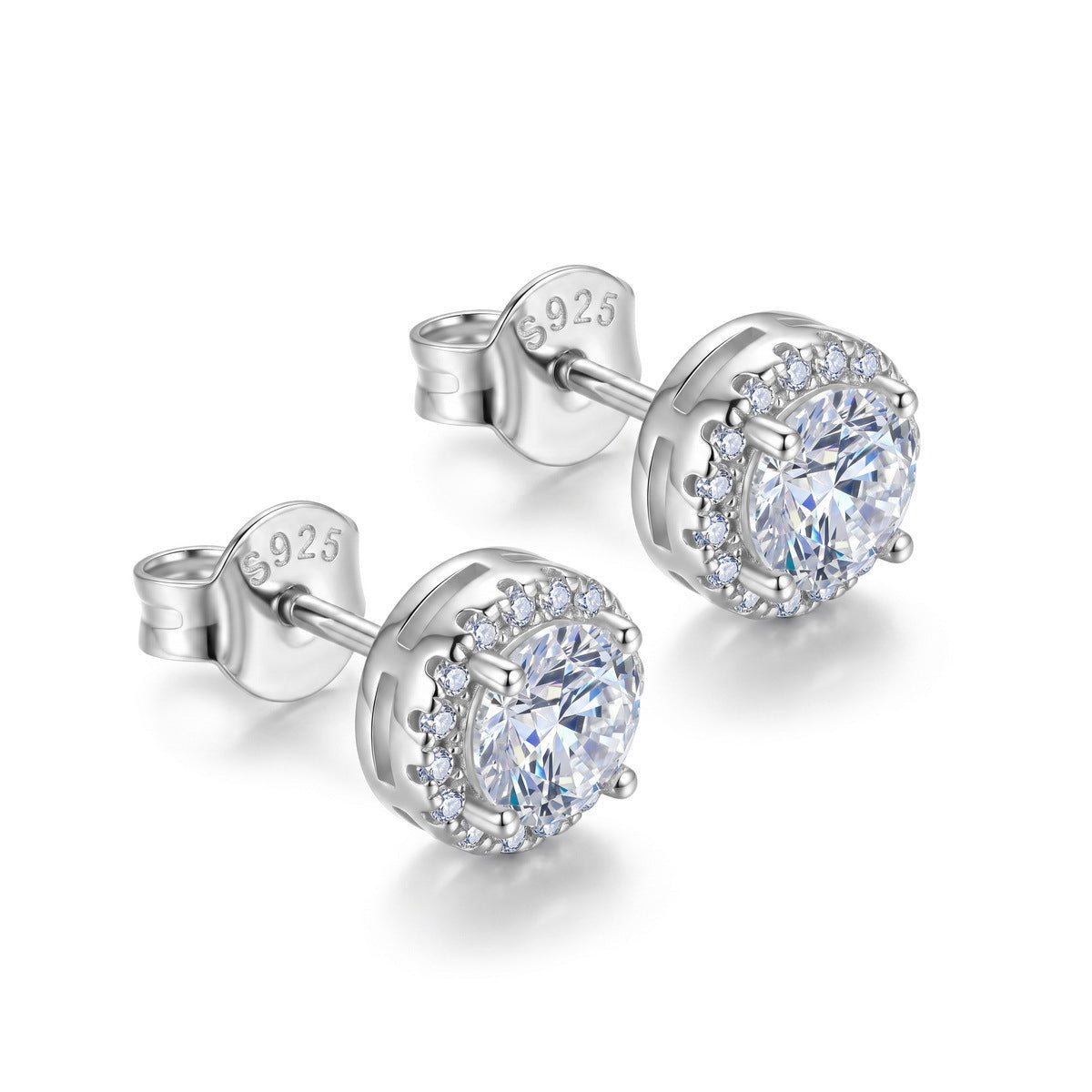 Angled view showing post and back setting of classic round lab grown diamond halo stud earrings