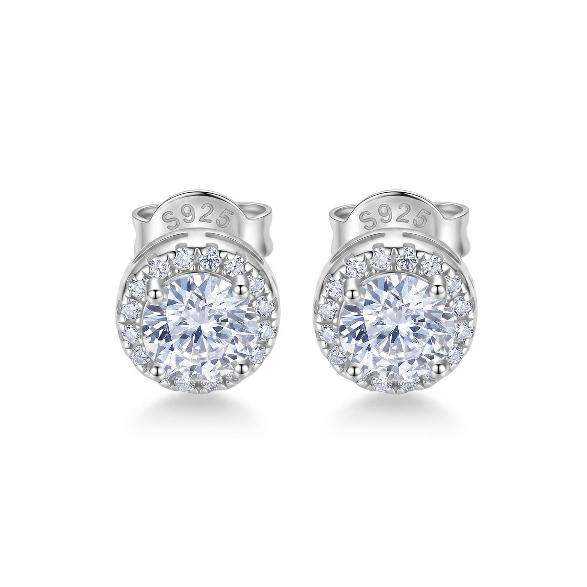 Classic round cut lab grown diamond halo stud earrings in sterling silver isolated on white background