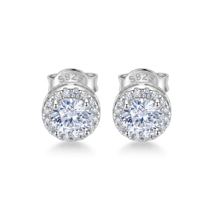 Classic round cut lab grown diamond halo stud earrings in sterling silver isolated on white background