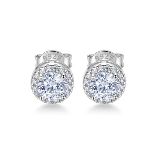 Classic round cut lab grown diamond halo stud earrings in sterling silver isolated on white background